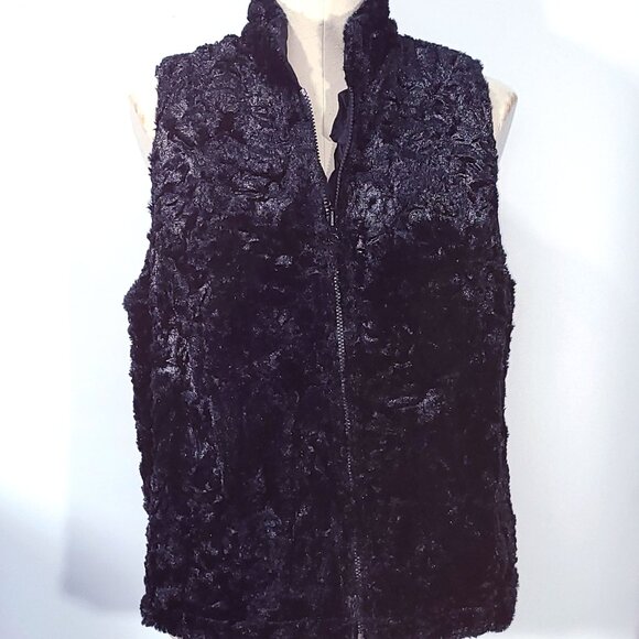 Black Faux Fur Reversible Zip Front Vest with Ruffle Accent on Reverse Size L - Picture 1 of 5